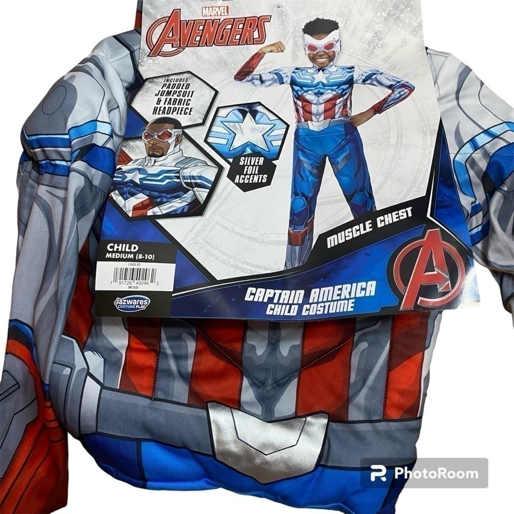 Avengers Captain America Costume New Medium 8-10 Padded Jumpsuit & Headpiece
